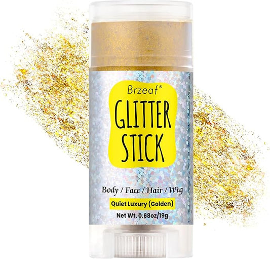 Brzeaf Waterproof Golden Glitter Stick, Face Glitter Makeup, Shimmery & Long Lasting, Chunky Glitter for Face/Body/Hair/Eyes/Lip, Singer Concert Music Christmas Rave Festival