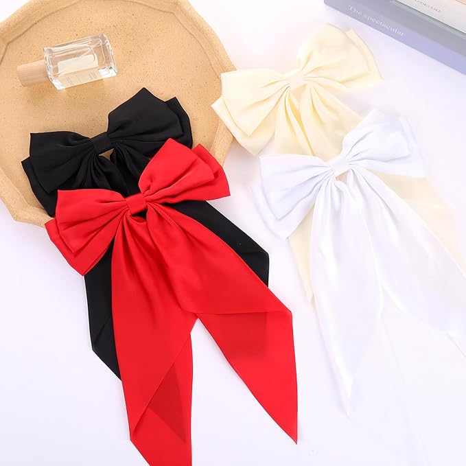 Silky Satin Oversized Hair Bows for Women Girls 4 PCS Hair Ribbon Bow Hair Clips with Long Tails（Black, White, Red, Beige ）