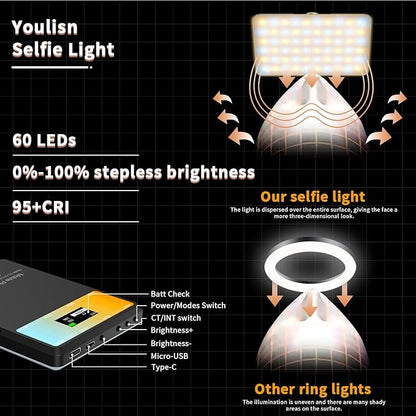Selfie Light with LCD Display for Phone, 60 LED Phone Light with Rechargeable Clip and Adjusted 3 Light Modes, 2000mAh Video Light for Phone iPad, Laptop, Makeup, TikTok, Selfie, Vlog, Black