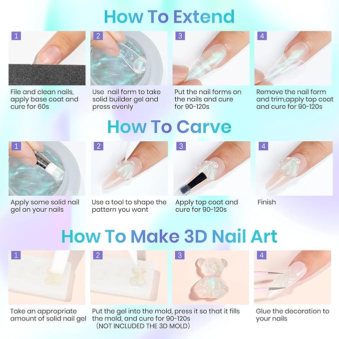MIZHSE Solid Builder Gel for Nails – 2PCS 1oz Mermaid Pearl & Clear Hard Gel Kit with Nail Forms 3D Silicone Mold Soak-off U V 3D for Nails Extension for Salon Manicure Home DIY