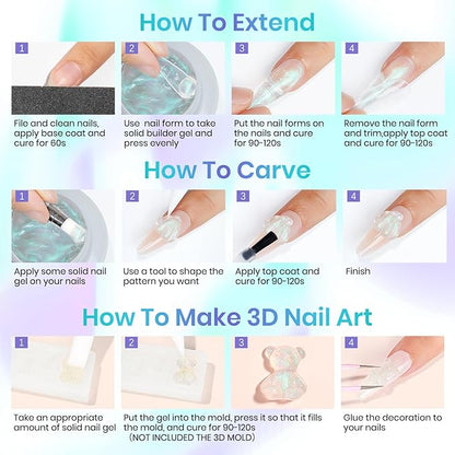 MIZHSE Solid Builder Gel for Nails – 2PCS 1oz Mermaid Pearl & Clear Hard Gel Kit with Nail Forms 3D Silicone Mold Soak-off U V 3D for Nails Extension for Salon Manicure Home DIY