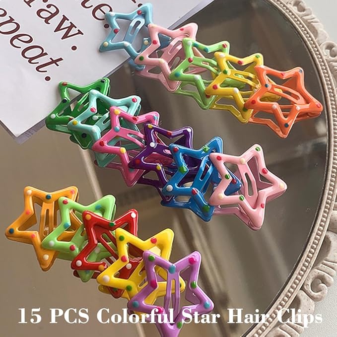 15 PCS Metal Hair Barrettes - Non-Slip 1.22" Star Snap Hair Clips for Girls, Women, and Children - Multicolor Hair Accessories