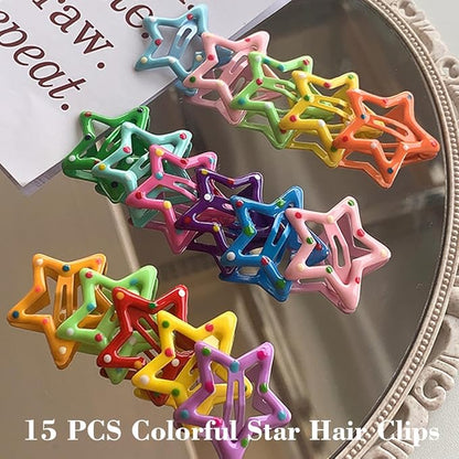 15 PCS Metal Hair Barrettes - Non-Slip 1.22" Star Snap Hair Clips for Girls, Women, and Children - Multicolor Hair Accessories