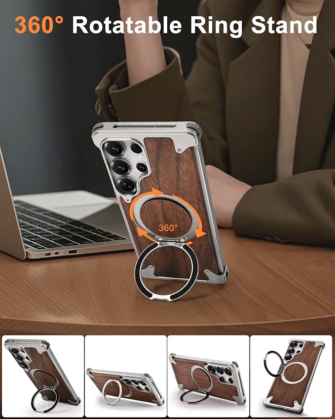 OATSBASF Magnetic Wood Case Compatible with Samsung Galaxy S25 Ultra, [Natural Wood & Aluminum] Shockproof Protective Cover Unique Wooden Case with 360° Ring Stand, Natural Titanium