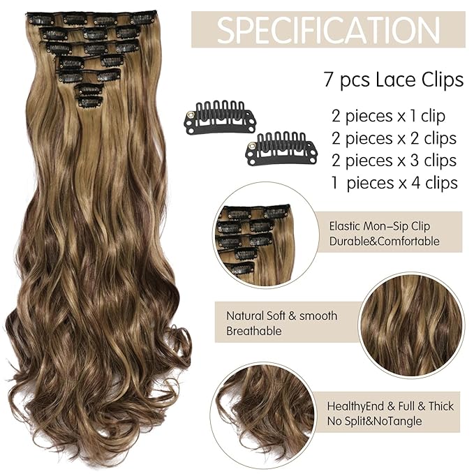 22 Inch Clip In Hair Extensions 7 PCS Long Wavy Synthetic Black Hair Extension & Natural Soft Invisible Clip Thick Hairpieces for Women Daily(20Inch, 7pcs, Dark Brown Mixed Gold)