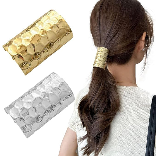 2 Pcs Honeycomb Shape Ponytail Holder Hair Clips 2.36Inch Metal High Ponytail Cuff Hair Barrettes, Decorative Strong Hold French Fine Hair Jaw Clips Accessories for Women Girl (Gold, Silver)