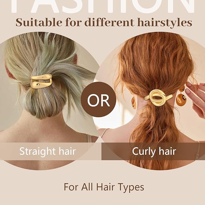 3PCS Gold Hair Ties for Women, Stretchy Metal Hair Ties for Thick Hair, Non-Damage Gold Ponytail Cuff Holders, Elegant Geometric Hair Accessories for Women, 3 Styles in Box Perfect Holiday Gift