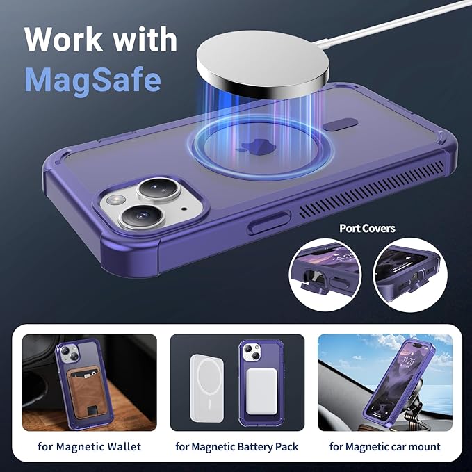 for iPhone 13 case, with [Compatible with MagSafe][Military Grade Drop Protection][Heavy Duty Protection][Non-Slip][Shockproof] with 2-Layer Durable Bumper Phone Case 6.1''-Dark Purple