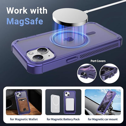 for iPhone 13 case, with [Compatible with MagSafe][Military Grade Drop Protection][Heavy Duty Protection][Non-Slip][Shockproof] with 2-Layer Durable Bumper Phone Case 6.1''-Dark Purple