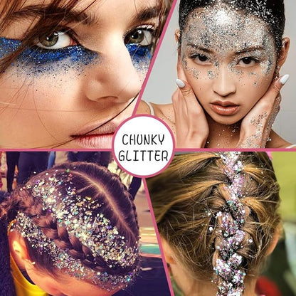 Holographic Chunky Sequins 12 Colors Mixed Laser Cosmetic Glitter for Face, Body, Eye, Hair, Nail Art, Lip Gloss - Festival Glitter Makeup with Different Hexagon Sizes (Metallic Mix)