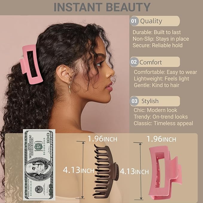 TOCESS 8 Pack Jumbo Hair Claw Clips for Women, Big 4.33 Inch Matte Finish Claw Clips, Durable Non-Slip Rectangle Claw Set for All Girls Hair Types like Thick, Thin, Wavy, or Straight Hair