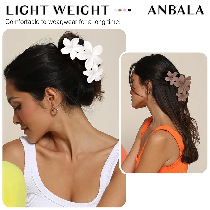 ANBALA Flower Hair Accessories: 4PCS Matte Plumeria Hair Claws, Strong Hold Clips for Women and Girls