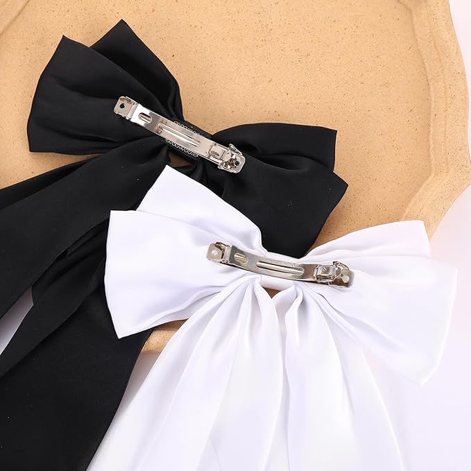 Silky Satin Oversized Hair Bows for Women Girls 4 PCS Hair Ribbon Bow Hair Clips with Long Tails（Black, White, Red, Beige ）