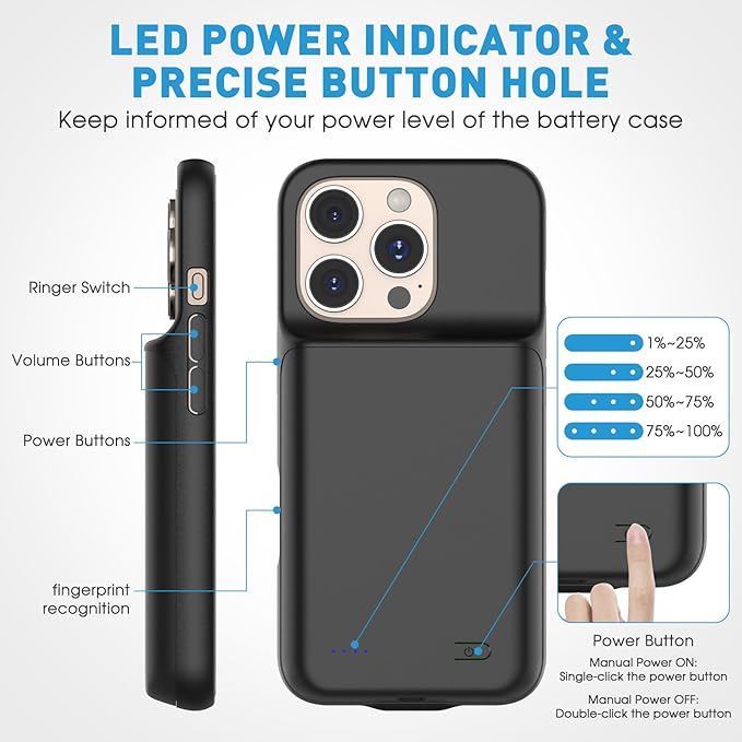 2025 New Upgraded 7000 mAh Travel Battery Case for iPhone 16 6.1inch, Extra Battery Life 15W Fast Charging External Rechargeable Portable Charging Case with HD Tempered Protective Film, Black