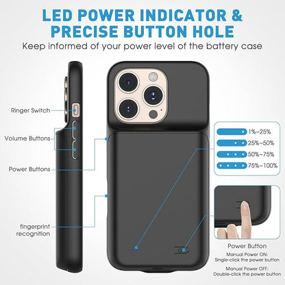 2025 New Upgraded 7000 mAh Travel Battery Case for iPhone 16 6.1inch, Extra Battery Life 15W Fast Charging External Rechargeable Portable Charging Case with HD Tempered Protective Film, Black