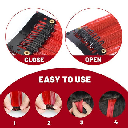 22 inch Colored Hair Extensions Straight Hairpiece, Colorful Hair Extensions Party Highlights Clip in Long Synthetic for Girls Women Kids Favor Gift(10 PCS Red)
