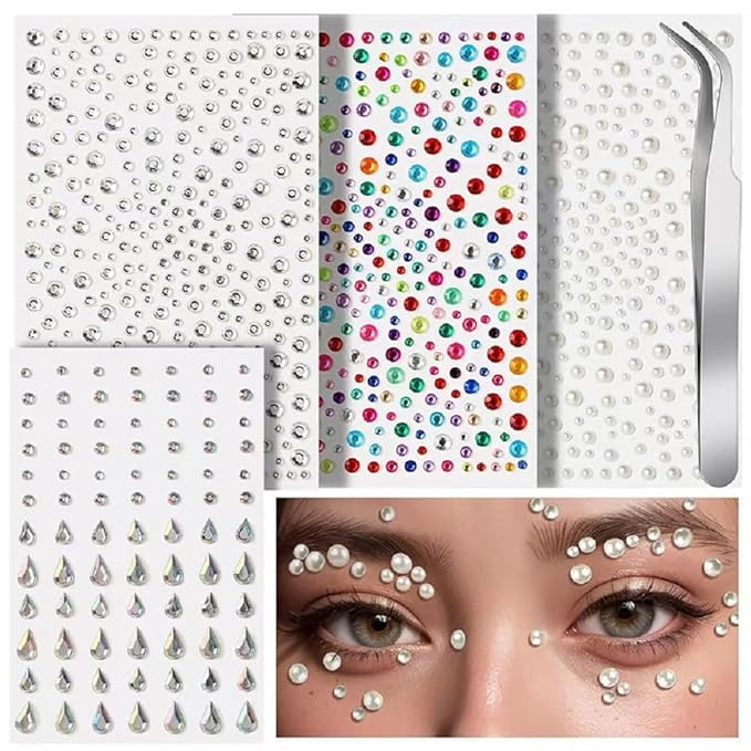 300Pcs Self Adhesive Face Gems and Pearls for Makeup, Festival Jewels for Halloween Makeup, Hair Gems, Rhinestone Stickers for Face, Eye, Makeup, Body
