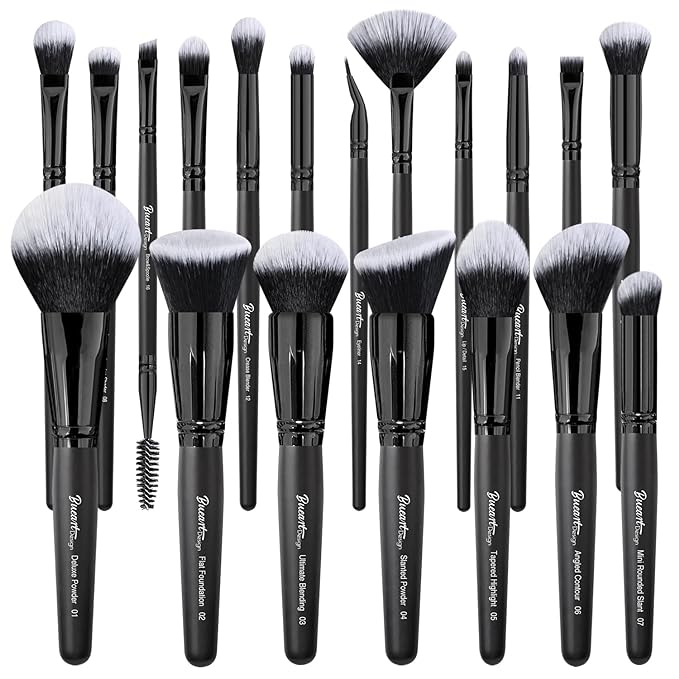 Bueart Design 19Pcs ULTRA SOFT Black labeled DENSE HAIR Makeup Brushes set Contains large powder Flat Foundation Ultimate Blending Make up Brush set Blush Face Brush Concealers contour Eyeshadow