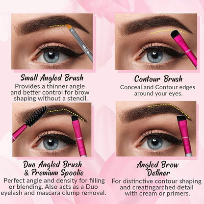 Eyebrow Brush Kit Thin Angled - Eye Brow Concealer Contour Brush to Shape and Conceal Eyes Duo Spoolie Brushes Firm Bristles Definer for Filling Pomade Gel | Defining Arches Winged Eyeliner Stencil