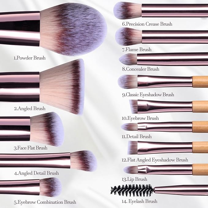 BS-MALL Travel Makeup Brush Set Foundation Powder Concealers Eye Shadows Makeup Set with LED light Mirror 14 Pcs (B-Bamboo)