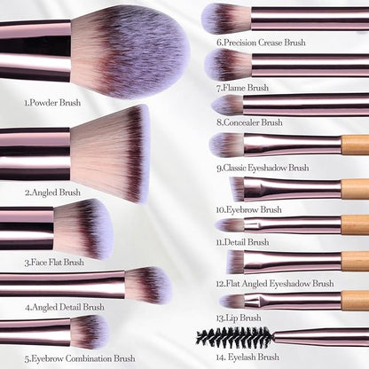 BS-MALL Travel Makeup Brush Set Foundation Powder Concealers Eye Shadows Makeup Set with LED light Mirror 14 Pcs (B-Bamboo)