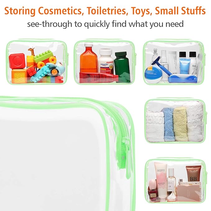 PACKISM TSA Approved Toiletry Bags - Clear Makeup Bags, Waterproof Quart Size, Travel Makeup Cosmetic Bags for Women, Carry On Airport Airline Compliant, 3 Pack, Green