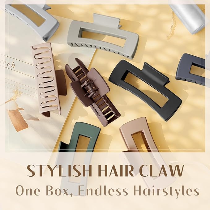 TOCESS 4.33 Inch Big Claw Clips 8 Pack, Matte Finish Large Neutral Color Hair Claw for Thick, Curly, Long, Wavy Hair, Non-slip Square Bulk Hair Clips for Women & Girls