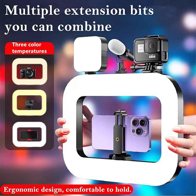 Phone Video Rig QYPENT Handheld LED Ring Light Selfie Light Phone Video Stabilizer for Camera, Smartphone, Action Camera, YouTube, Setup, Filmmaking, Makeup, Vlogging (YM200)