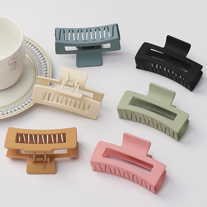 3.5 Inch Medium Banana Jaw Hair Clips - 6 Pack Square and Rectangle Clips for Women's Hair - Basic Accessories