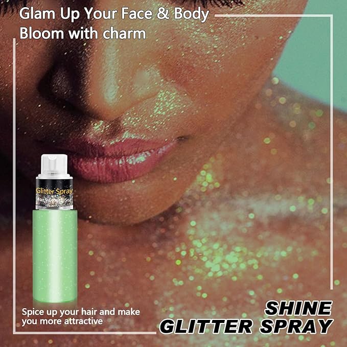 Non-Aerosol Hair and Body Glitter Spray, Holographic Glitter Highlighter Powder, Face Body Clothes Shiny Glitter, Loose Shimmer Hairspray Festival Rave Prom St. Patrick's Day Accessories