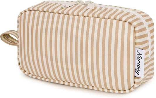 Narwey Small Makeup Bag for Purse Travel Makeup Pouch Mini Cosmetic Bag Zipper Pouch for Women (Brown Stripe, Small)