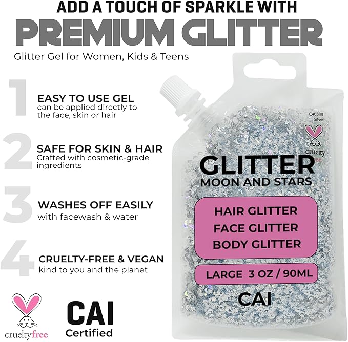 Hair Glitter Gel Body Glitter & Face Glitter for Women/Kids (1 Pk Blue) Chunky Iridescent Holograph Stars & Moon 3 oz | Cosmetic-Grade Makeup, Apply Without Glue, Easy to Take Off & Keep Skin Clean