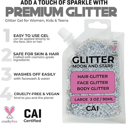 Hair Glitter Gel Body Glitter & Face Glitter for Women/Kids (5 Pk Unicorn) Chunky Iridescent Holograph Stars & Moon Cosmetic-Grade Makeup, Apply Without Glue, Easy to Take Off & Keep Skin Clean