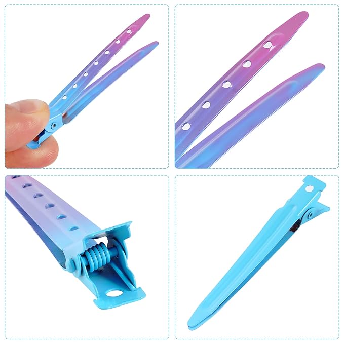24 Packs Duck Bill Clips, Bantoye 2.75 Inches Rustproof Metal Alligator Curl Clips with Holes for Hair Styling, Hair Coloring, Gradient Blue