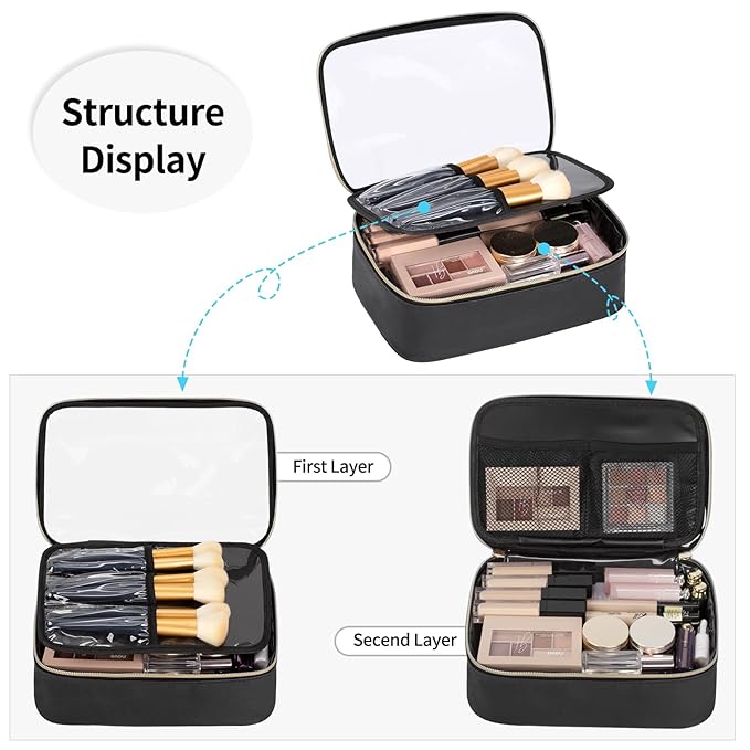 OCHEAL Clear Makeup Bag, Portable Cosmetic Bag Storage, Travel Makeup Bag Cute Clear Pouch For Women and Girls Cosmetics Bags with Divider Makeup Brush Compartment-Black PU Large