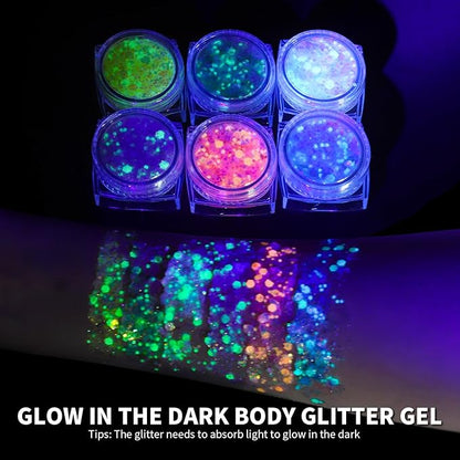 Teenitor 6 Colors Glow in The Dark Glitter Gel, Body Glitter Face Glitter for UV Black Light Party Raves Festivals