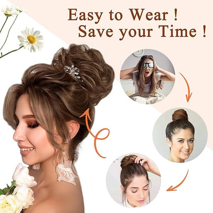 MORICA Messy Bun Hair Piece for Women - Elastic Wavy Curly Fake Bun Hair Extension Chignon Ponytail Hairpieces for Women (Ash Blonde & Bleach Blonde)