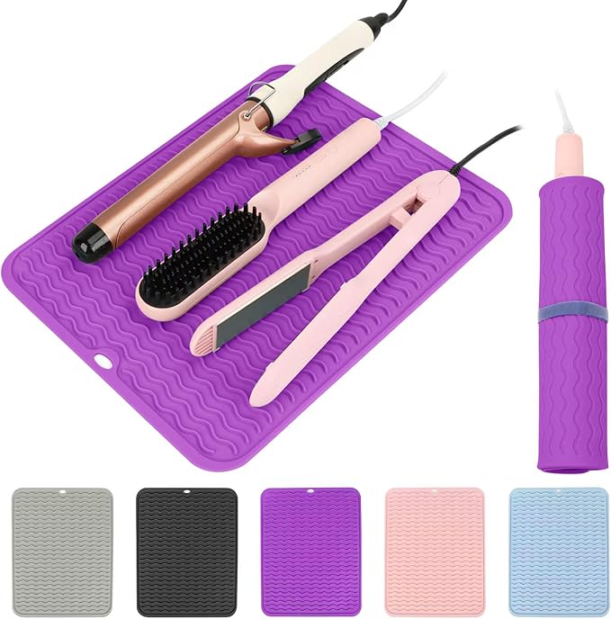 Oversize Silicone Heat Resistant Mat for Curling Iron, Hair Straightener, Flat Irons and Hot Hair Styling Tools, Portable Wrap Cover with for Home Travel Gym Salon(14.2" x 11") (Purple)