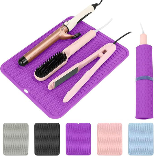 Oversize Silicone Heat Resistant Mat for Curling Iron, Hair Straightener, Flat Irons and Hot Hair Styling Tools, Portable Wrap Cover with for Home Travel Gym Salon(14.2" x 11") (Purple)