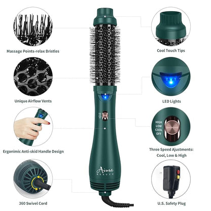 Aima Beauty Hair Dryer Brush, One Step Hair Dryer & Volumizing Hot Air Brush, 3 Heat/Speed Settings, Advanced Ionic Technology, Ceramic Coating, Nylon Pins & Tufted Bristles, Dark Green, 1000W, 125V