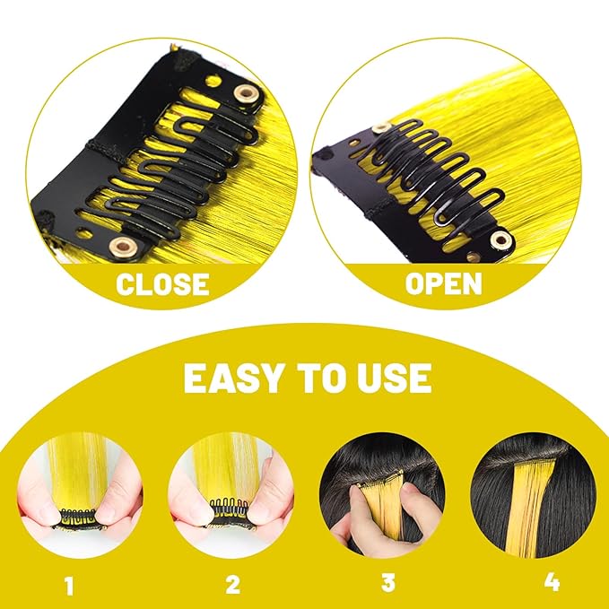 22 inch Colored Hair Extensions, Multi-colors Party Highlights Clip in Synthetic Hair Extensions, Color Party Highlights Hairpieces for Girls Women Cosplay Gift(10 PCS Yellow)