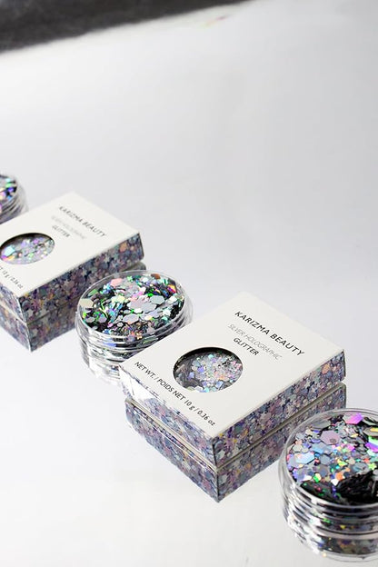 KARIZMA Holographic Silver Body Glitter - 10g Chunky Face, Hair, Eye & Body Glitter for Women - Rave & Festival Accessory