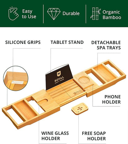 ROYAL CRAFT WOOD Premium Foldable Bathtub Tray - Wood Bath Tray for Tub, Bamboo Shelf, Expandable Bath Table Trays, Bathtub & Bathroom Accessories for New Home & Mothers Day & Birthday Gifts for Mom