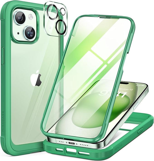 Miracase Glass Series Designed for iPhone 15 Plus Case 6.7',Full-Body Military Drop Proof 15 Plus Phone Case Cover with Built-in 9H Tempered Glass Screen Protector,Green