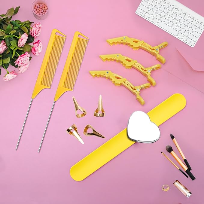 17 Pieces Hair Parting Tools Set Heart, Included 8P Parting Ring 2P Metal Rat Tail Comb 6P Hair Sectioning Clip with 1P Magnetic Wrist Sewing Pin Holder for Braiding (Yellow)