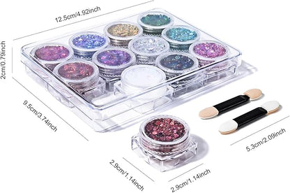 Ownest 12 Colors Holographic Chunky Glitter Gel Set, Christmas Party Makeup Face Body Eye Lips Hair Nail Cosmetic Festival Chunky Glitter Eyeshadow, Mixable, No Need Glue(B)