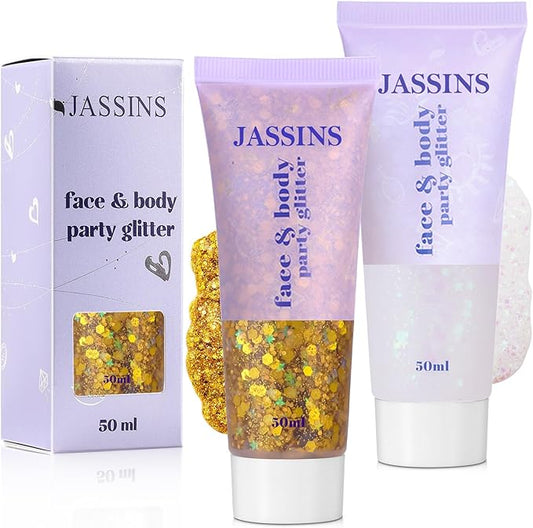 JASSINS 2 Pack Face Body Glitter, 100ml Gold and White Glitter Gel Makeup for Women Girls Kids, Singer Concerts Festival Rave Accessories, Chunky Mermaid Sequins Glitter