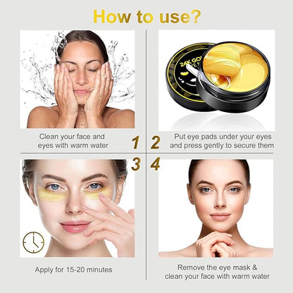 24k Gold Under Eye Patches, Eye Mask for Puffy Eyes Dark Circles Bags and Wrinkles, Moisturizing Fine Lines Under Eye Patches for Women (30 Pairs)