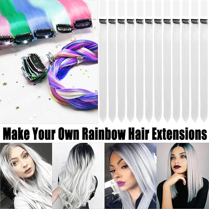22 Inch Colored White Hair Extensions Party Highlights, Straight Hairpiece Clip in Synthetic Hair Extensions for Kids Girls (12 Pcs White)