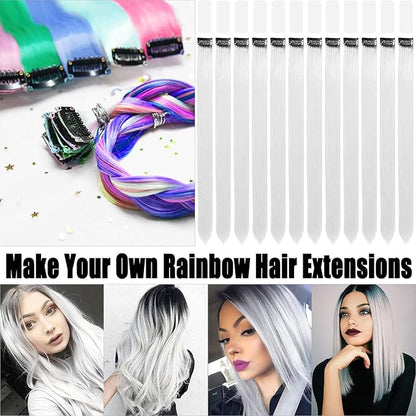 22 Inch Colored White Hair Extensions Party Highlights, Straight Hairpiece Clip in Synthetic Hair Extensions for Kids Girls (12 Pcs White)